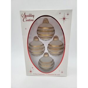 Box 4 Sparkling Creations Glass Christmas Ornaments Frosted gold Stripes Glitter